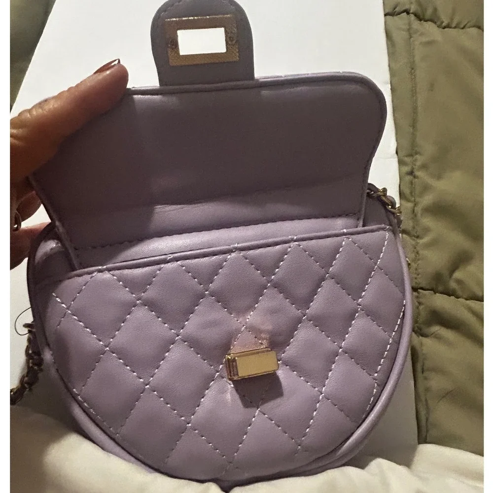 Kids Lavender Quilted Heart Crossbody Bag Purple Gold Chain Strap Purse